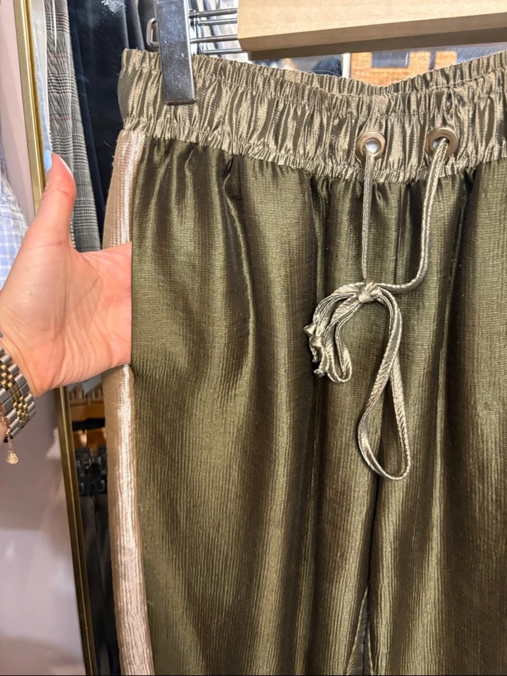 Zara Olive Green Satin Track Pants with Contrast Side Stripe - Picture 2 of 4